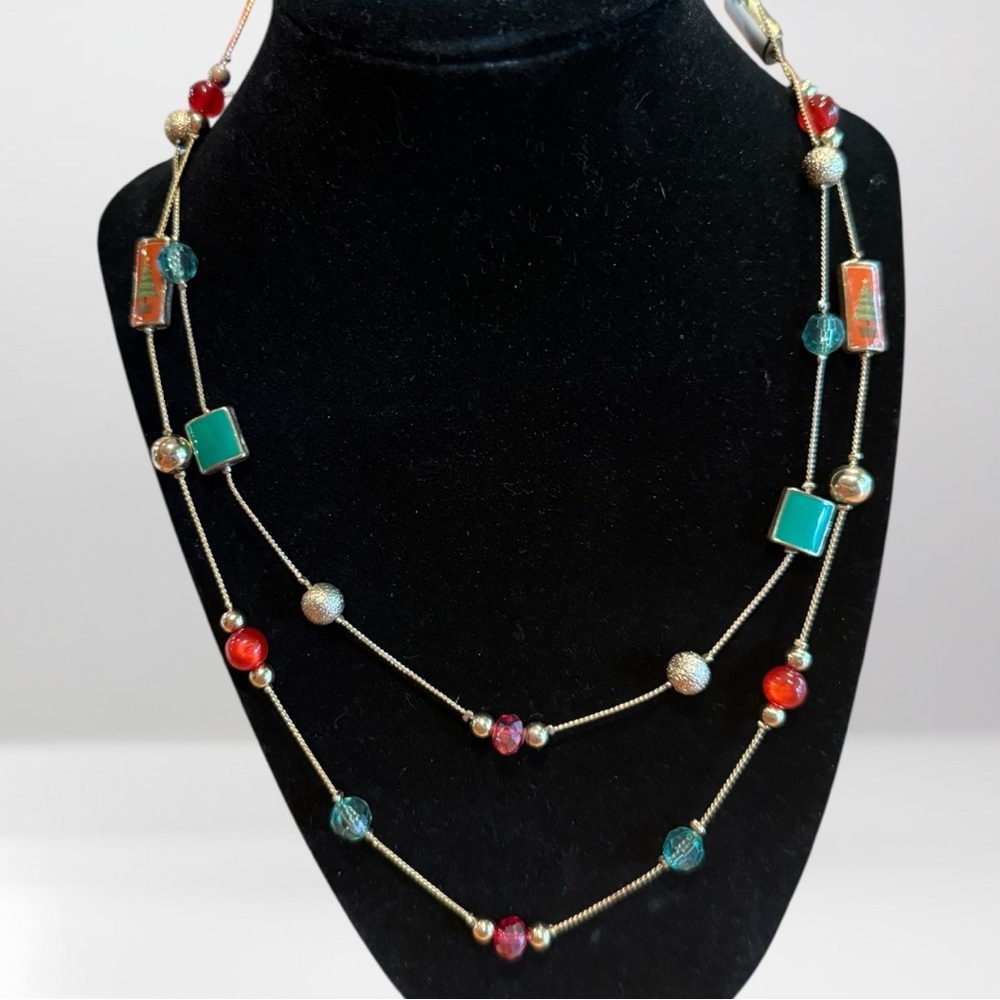 Christmas Gold Tone Beaded Double Strand Necklace - Picture 6 of 7